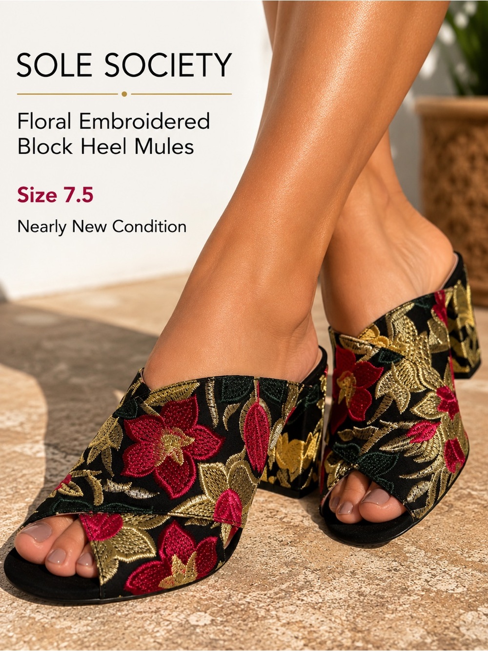 Sole Society Floral Embroidered Block Heel Mules Size 7.5 Boho Chic Nearly New
